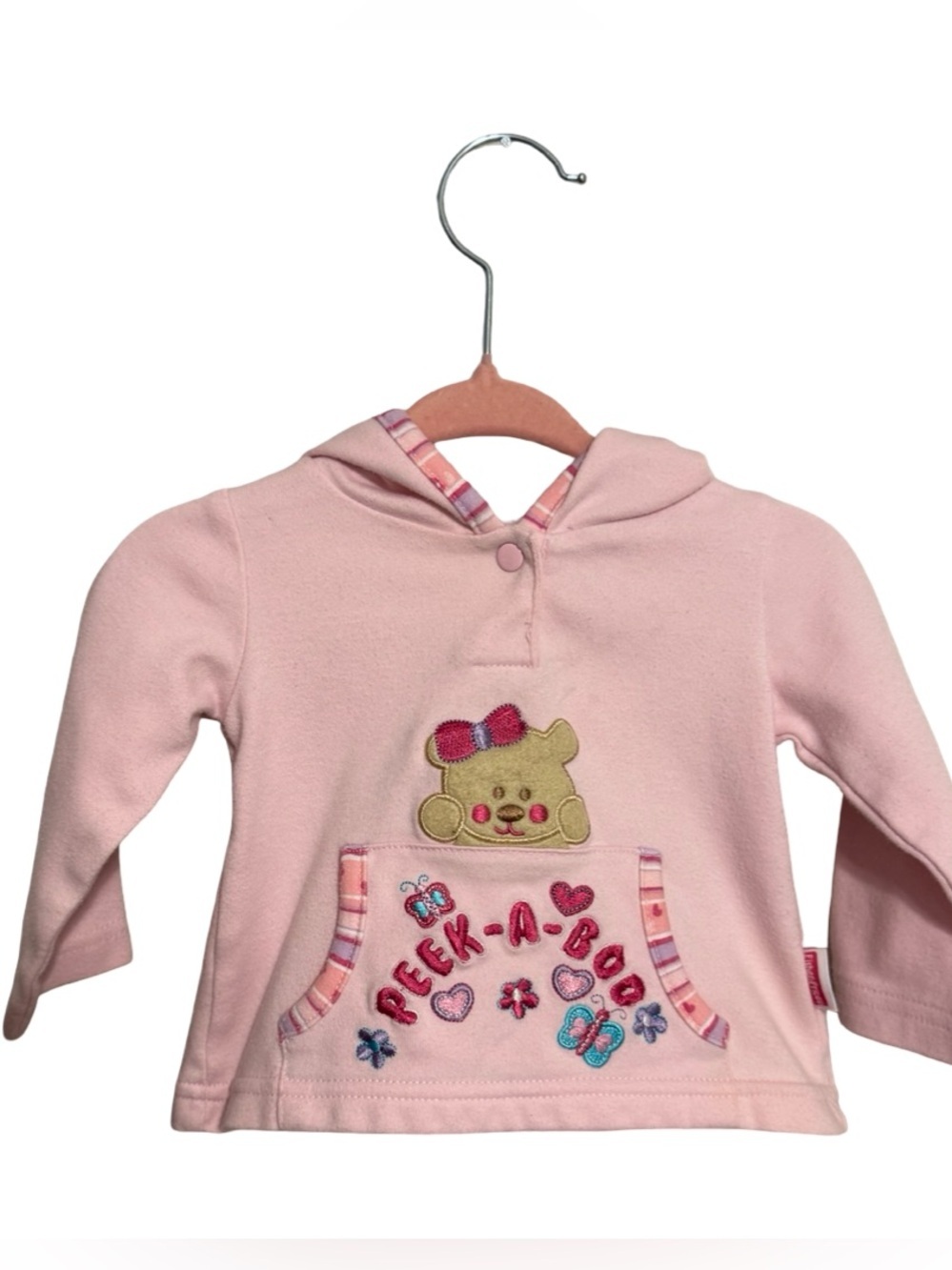 Y2K Fisher-Price Peek-A-Boo Bear Pink Hooded Sweatshirt Baby Girl Size 3-6 M